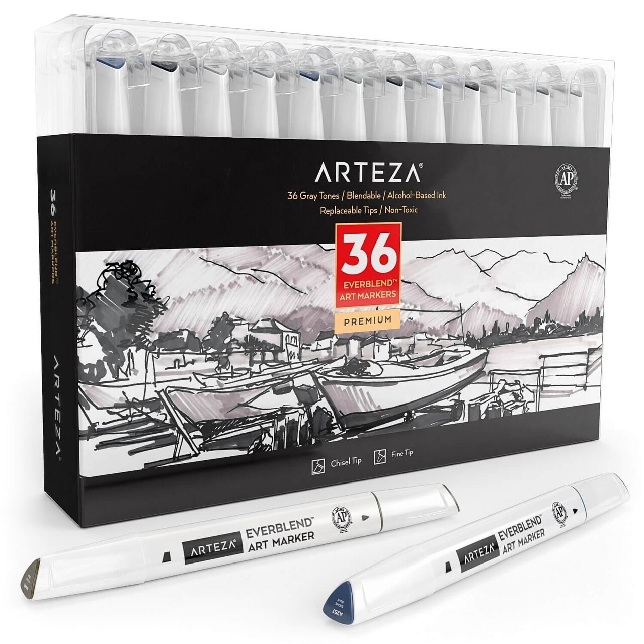Arteza EverBlend Dual-Tipped Art Markers Art Supply Set, Gray Tones - 36 Piece